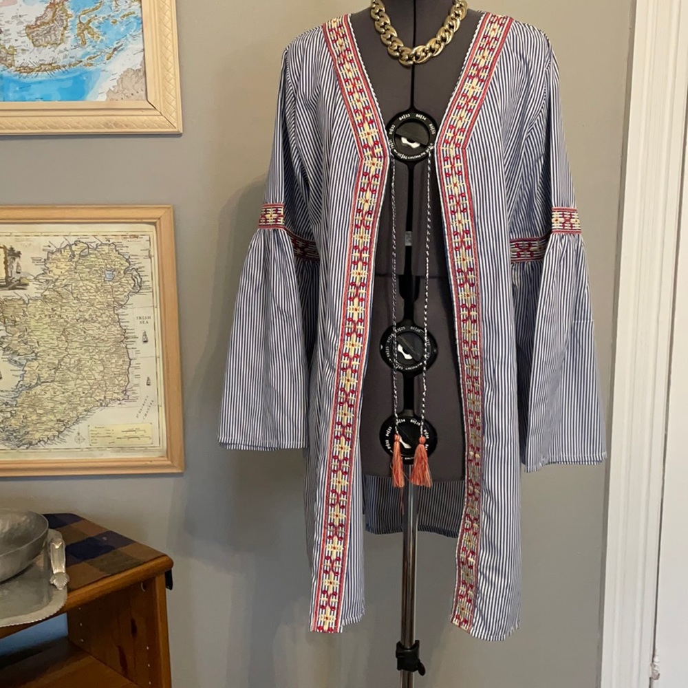 Embroidered Blue and White Striped Jacket cover up